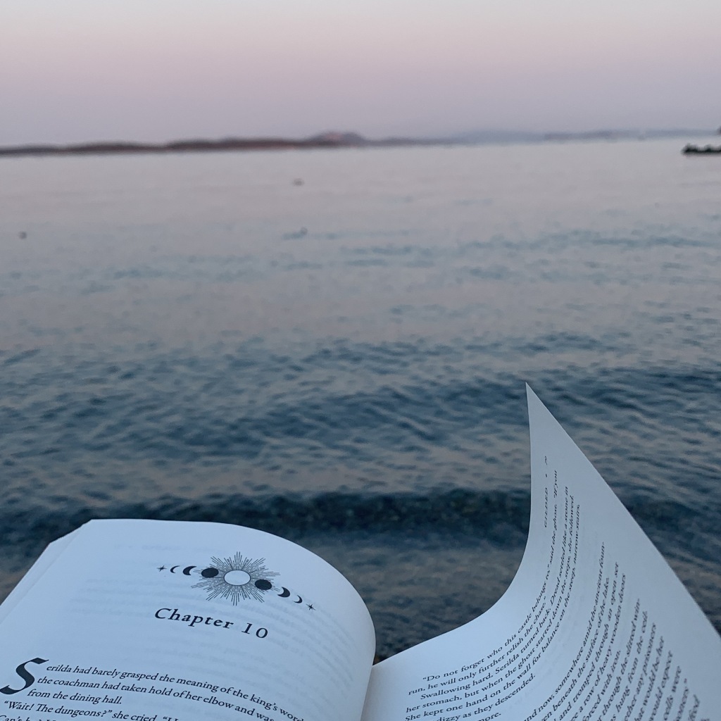 ID: The page of a book is turning in the ocean breeze against the backdrop of the waves lapping at the shore.